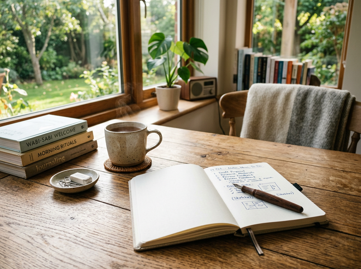 Open notebook with handwritten notes and pen on wooden table by window with coffee cup and books